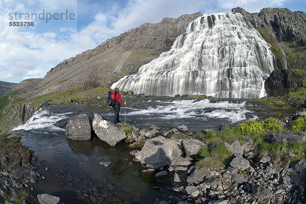 Wanderin am Dynjandifoss oder Fjallfoss Wasserfall  Westfjorde  Island  Europa