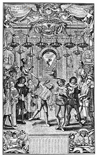 Historischer Druck aus dem 17. Jahrhundert  Darstellung italienischer Schauspieler bei einer Vorstellung im Hotel Bourgogne in Paris  Frankreich  Holzschnitt von 1689