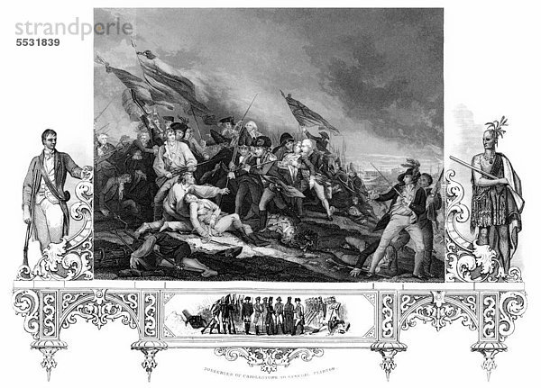 Kupferstich aus dem 18. Jahrhundert  1775  Der Tod von General Warren in der Schlacht von Bunker Hill  eine Schlacht im Amerikanischen Unabhängigkeitskrieg während der Belagerung von Boston