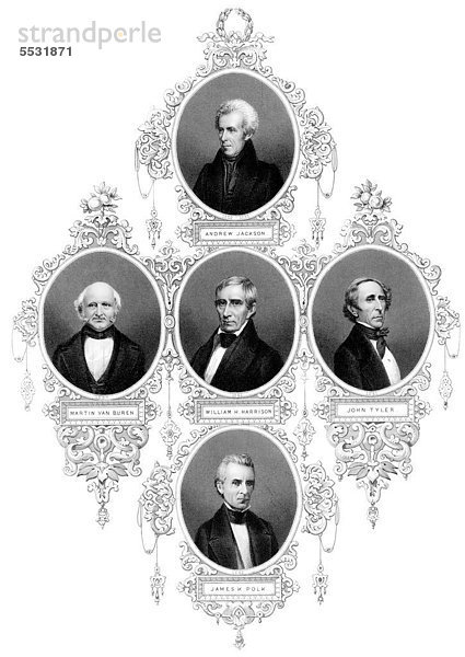 Kupferstich aus dem 19. Jahrhundert  Portraits der Präsidenten der Vereinigten Staaten von Amerika von 1829 bis 1849  Andrew Jackson  Martin Van Buren  William Henry Harrison  John Tyler  James Knox Polk