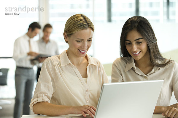 Weibliche Kollegen  die gemeinsam am Laptop arbeiten