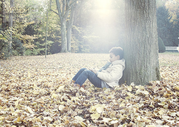 Junge sitzend unter Baum im Herbstlaub  Portrait