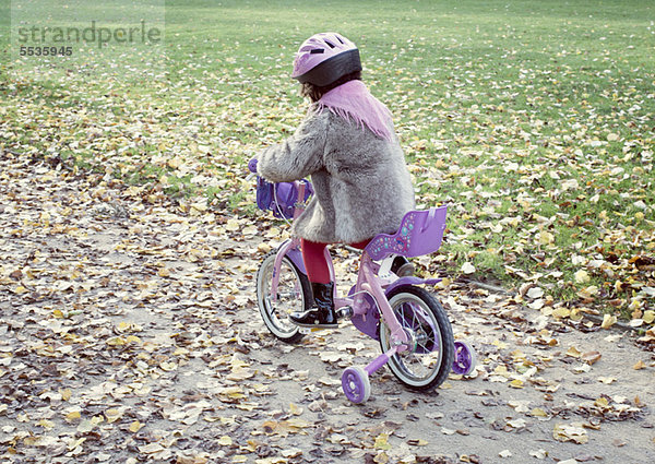 Kleines Mädchen auf dem Fahrrad in Herbstlandschaft  Rückansicht