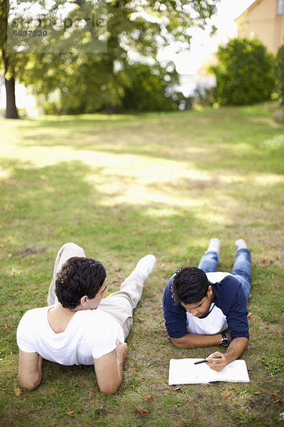 Volle Länge junger männlicher Freunde  die auf Gras im Park liegen.