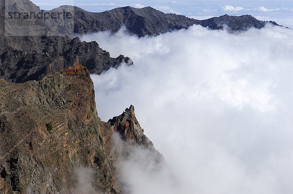 Blick vom Caldera-Rand auf das Wolkenmeer im Nationalpark Caldera de Taburiente  La Palma  Kanarische Inseln  Kanaren  Spanien  Europa  ÖffentlicherGrund