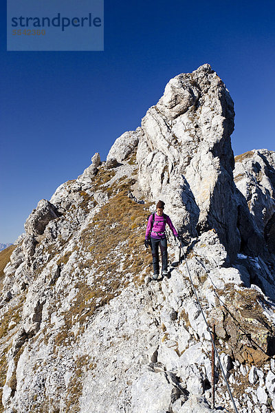 Bergsteigerin beim Bepi Zac Klettersteig im San Pellegrino Tal oberhalb vom San Pellegrino Pass  Dolomiten  Trentino  Italien  Europa