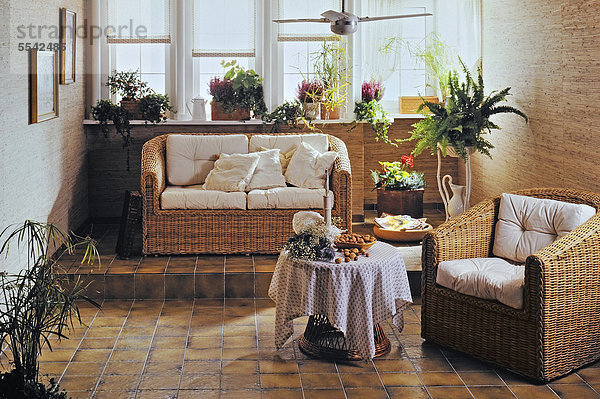 Wohnzimmer mit Pflanzen und Korbmöbeln