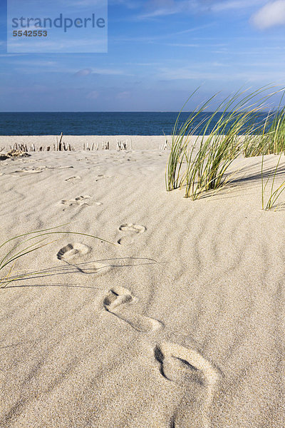 Fußspuren im Sand mit Strandhafer und dem Meer am Horizont  ÖffentlicherGrund
