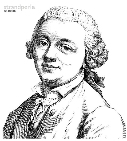 Historische Zeichnung aus dem 19. Jahrhundert  Portrait von Gottlieb Wilhelm Rabener 1714 - 1771  ein deutscher Schriftsteller und Publizist der Aufklärung