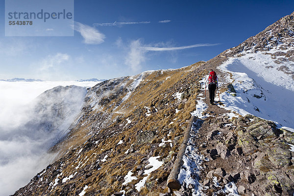 Wanderer beim Aufstieg zur großen Laugenspitze oberhalb der Laugenalm  hinten das Brentagebirge  Gampenpass  Südtirol  Italien  Europa