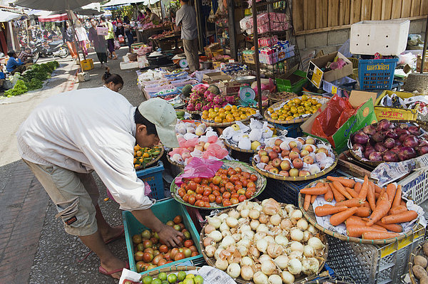 Obst und Gemüse auf dem Morgenmarkt  Luang Prabang  Laos  Indochina  Asien