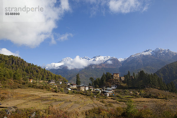 Reisfelder und Dorf im Paro-Tal  Bhutan