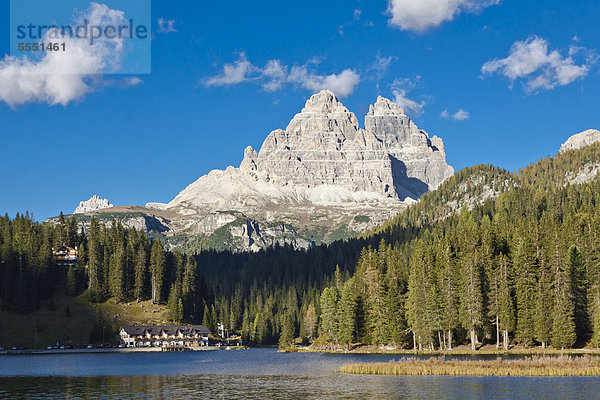 Misurina See  hinten die Tre Cime di Lavaredo  Drei Zinnen  Dolomiten  Italien  Europa