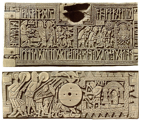 Historische Zeichnung aus dem 19. Jahrhundert  Wieland-Sage  Darstellung von Christi Geburt  Wieland dem Schmied auf der Vorderseite des Runenkästchens von Auzon  7. Jahrhundert