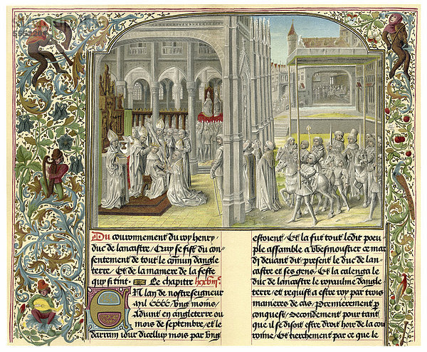 Historische Zeichnung aus dem 19. Jahrhundert  die Krönung von König Heinrich IV von England  15. Jahrhundert  nach der Handschrift von Jean oder John Froissart  1337 - 1405  ein Chronist des mittelalterlichen Frankreichs