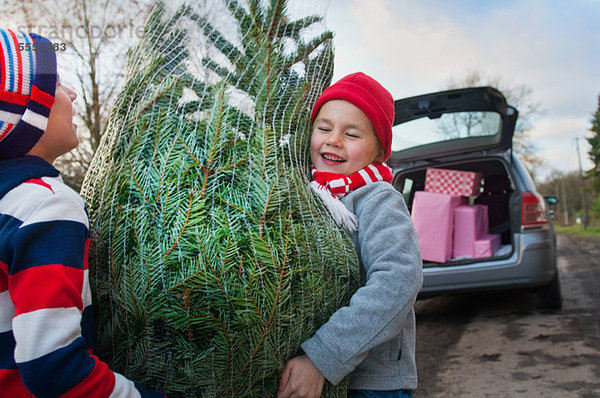Zwei Jungen heben den Weihnachtsbaum ins Auto
