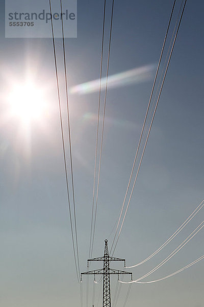 Neu verlegte Stromleitungen an einem Hochspannungsmast im Sonnenlicht  Schleswig-Holstein  Deutschland