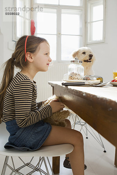 sitzend  Küche  Hund  Mädchen  Tisch