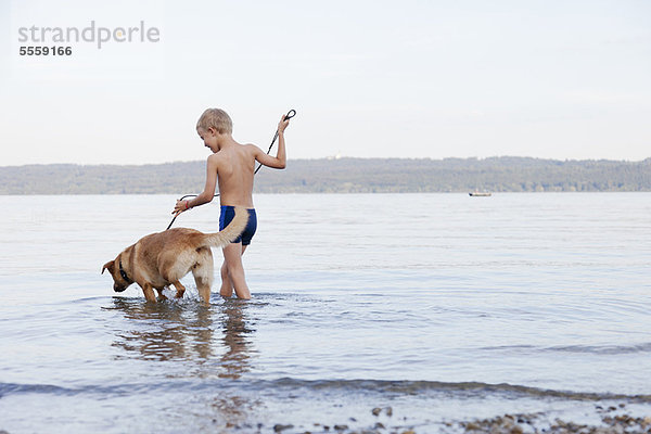 Junge waten mit Hund am Strand