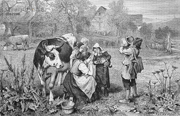 Savoyardenkinder mit Kuh  Savoyen  Frankreich  historischer Holzstich  ca. 1880