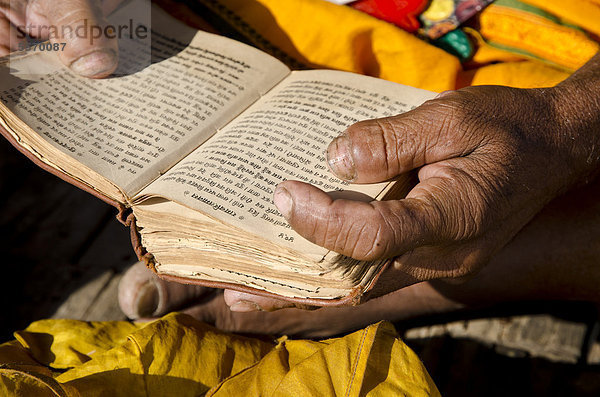 Sadhu  heiliger Mann  rezitiert aus den heiligen Büchern am Morgen  am Sangam  Zusammenfluss der heiligen Flüsse Ganges  Yamuna und Saraswati  Allahabad  Uttar Pradesh  Indien  Asien