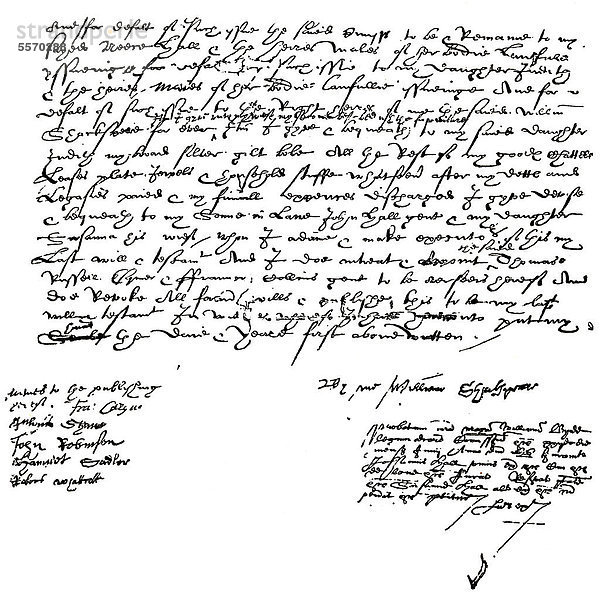 Historische Handschrift  Testament von William Shakespeare  1564 - 1616  ein englischer Dramatiker  Lyriker und Schauspieler