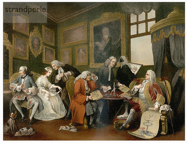 Historische Zeichnung aus dem 19. Jahrhundert  nach Der Ehekontrakt  The Marriage Contract  1743  von William Hogarth  1697 - 1764  ein sozialkritischer englischer Maler und Grafiker