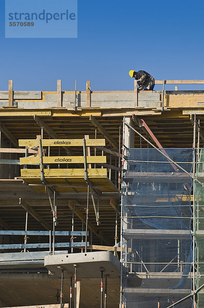 Bauwirtschaft  Arbeiter mit Schalbrettern oben auf einer Baustelle  Bonn  Nordrhein-Westfalen  Deutschland  Europa  ÖffentlicherGrund