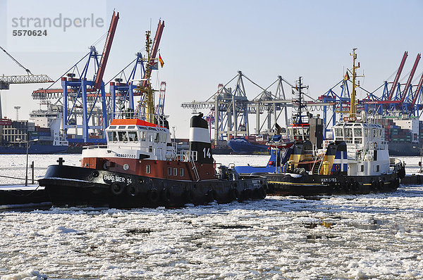Schiffe im Hamburger Hafen im Winter  Hamburg  Deutschland  Europa