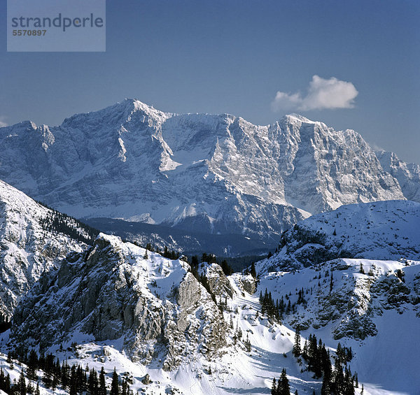 Wettersteingebirge  Zugspitze  Blick vom Brander Schroffen  Tegelberg  Winter  Oberbayern  Deutschland