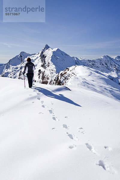 Wanderer auf der Röthenspitz oberhalb vom Penser Joch  hinten der Gipfel vom Penser Weißhorn  Sarntal  Südtirol  Italien  Europa