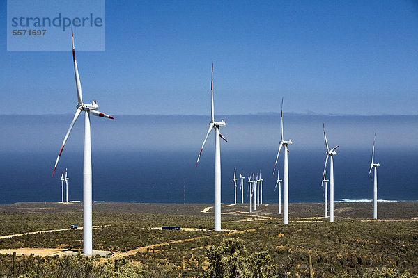 18-Megawatt-Windkraftanlage  errichtet von Endesa im Dezember 2009 im Niemandsland zwischen dem Pan-American Highway und dem Pazifischen Ozean  Los Vilos  Chile  Südamerika