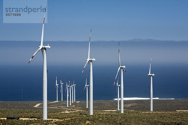 18-Megawatt-Windkraftanlage  errichtet von Endesa im Dezember 2009 im Niemandsland zwischen dem Pan-American Highway und dem Pazifischen Ozean  Los Vilos  Chile  Südamerika