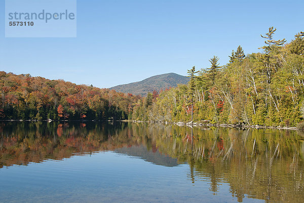 Wald spiegelt sich im See  Laubfärbung im Herbst  Indian Summer  Heart Lake  Adirondack Mountains  Adirondacks  New York State  USA  Nordamerika  Amerika