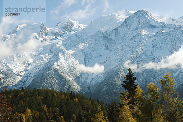 Schneebedeckte Bergkette und Wald in Herbsttönen