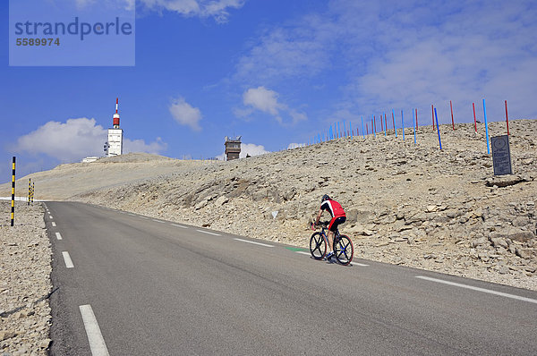 Rennradfahrer auf Straße zum Gipfel des Mont Ventoux  Vaucluse  Provence-Alpes-Cote d'Azur  Südfrankreich  Frankreich  Europa  ÖffentlicherGrund