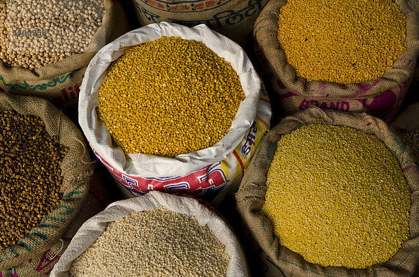 Moong Dhal  Urid Dhal und andere Linsensorten zum Verkauf auf dem Markt im Stadtteil Paharganj  Neu Delhi  New Delhi  Indien  Asien