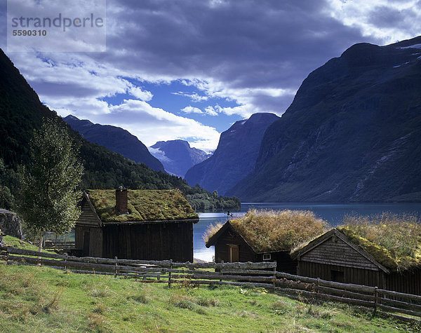 Alte Holzhäuser  Hütten  am See Lovatnet  bei Olden  Sogn og Fjordane  Norwegen  Skandinavien  Europa