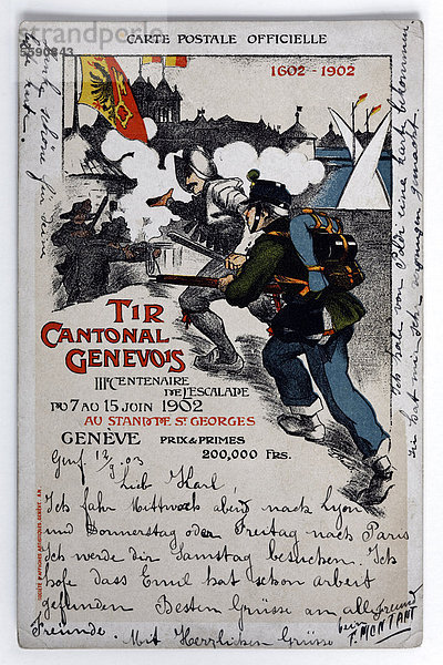 Tir Cantonal Genveois  Schießwettbewerb in Genf  Schweiz  Soldaten beim Sturmangriff  historische Postkarte  beschreiben  von 1902