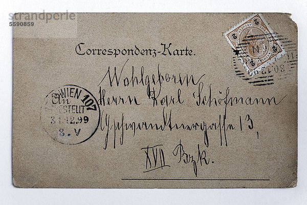 Historische Postkarte mit Anschrift und Briefmarke aus der Zeit der österreichischen Monarchie  Wien  Österreich  abgestempelt 1899