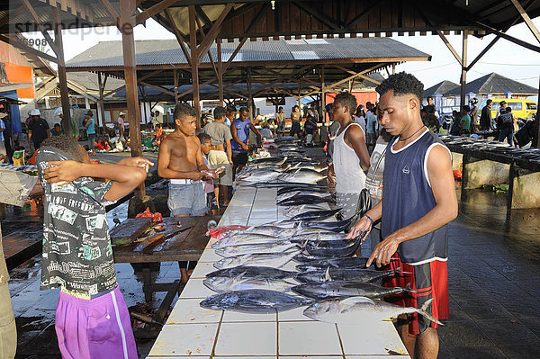 Fischverkäufer  Papuas  auf dem Fischmarkt in Kota Biak  Insel Biak  West-Papua  Indonesien  Südostasien  Asien