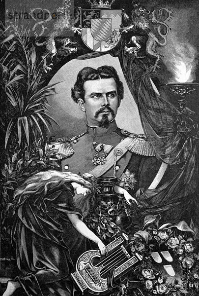 König Ludwig II von Bayern  Ludwig II. Otto Friedrich Wilhelm von Bayern  1845 - 1886  aus dem deutschen Fürstenhaus Wittelsbach stammend  historischer Holzstich  1886