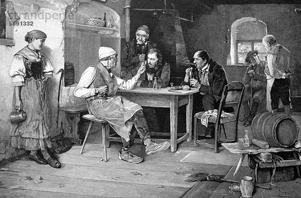 Bauern im Wirtshaus am Sonntag  historischer Holzstich  1886