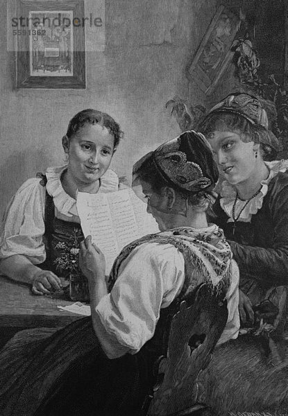 Mädchen liest mit Freundinnen einen Liebesbrief  historischer Stich  1880