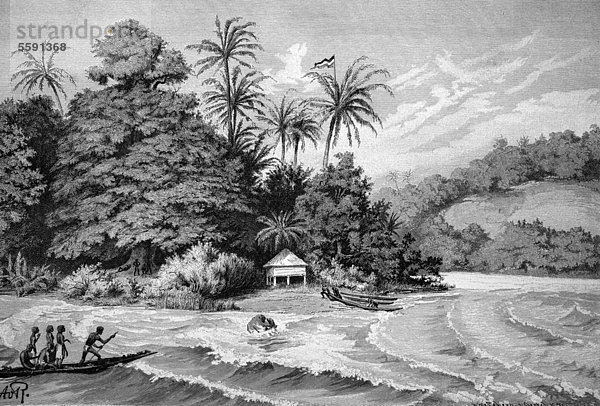 Hafen und Strand in Neuguinea  historischer Stich  1880