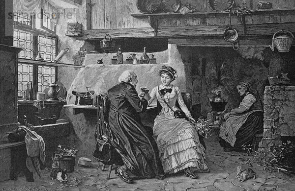 Reisendes Paar bei der Einkehr in der Wirtsstube  historischer Stich  1880