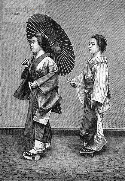 Japanisches Frauenleben  Frau mit Dienerin auf der Straße  historischer Stich  1883