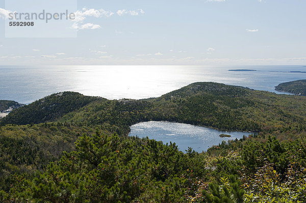 Wald und Meer  Blick vom Gipfel des Champlain Mountain  328 m  auf den See The Bowl  Wanderpfad Bear Brook Trail  Acadia National Park  Maine  Neuengland  USA  Nordamerika  Amerika