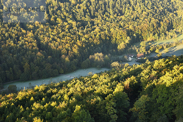 Deutschland  Bayern  Franken  Oberfranken  Fränkische Schweiz  Blick auf fließendes Wasser zwischen den Wäldern