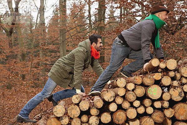 Deutschland  Berlin  Wandlitz  Friends climbing stack of woods